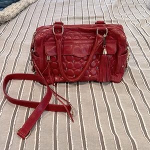 Gorgeous RED LEATHER REBECCA MINKOFF studded double handle bag w crossbody strap